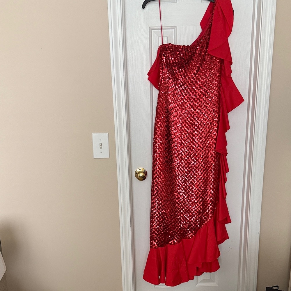 One Shoulder Red Sequin Dress
